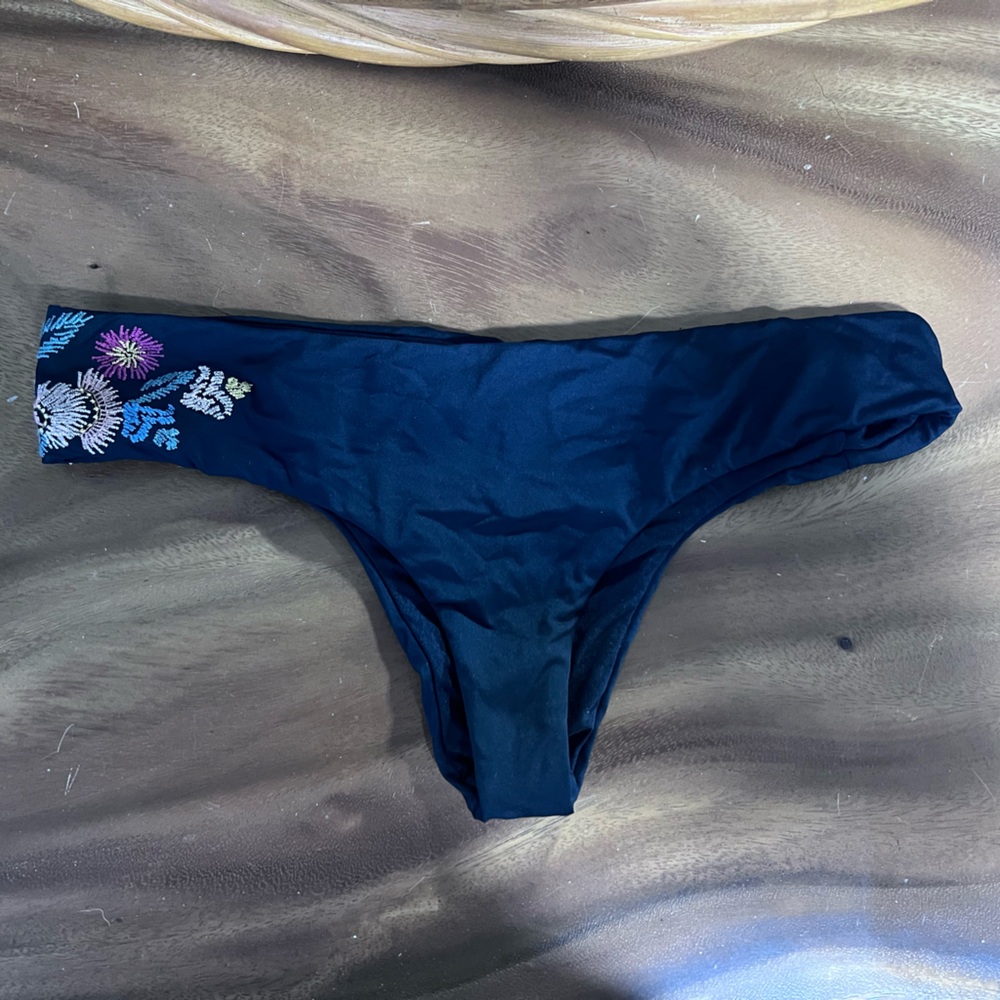 Women's Navy Blue Bikini Bottom with Embroidered Floral Accent